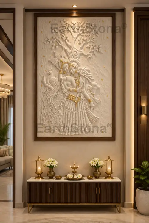 Natural sandstone wall mural featuring Radha Krishna beneath the Tree of Life with peacock, cow, intricate detailing, and elegant golden leafing accents by EarthStona